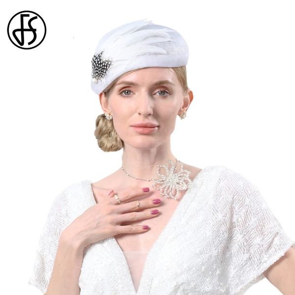 Fs sinamay boinas elegantes ladras nevadas chapéus brancos para mulheres penas de luxo de luxo casamento na igreja de noiva Cap fêmea 240412