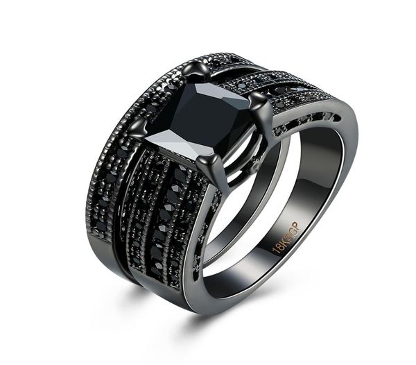 Moda 18k Black Black Plated Black Square Diamond Princess Corte Noivado de casamento Bandas de noiva Ring Sets for Women Ladies4128233