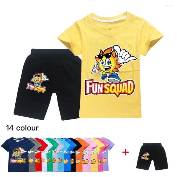 Set di abbigliamento 2024 Fun Squad Gaming Stamping Boys Thirt Girls Girl T-shirt Summer Kids Tops Tops Tops Cash Clothes Pants 2Pc