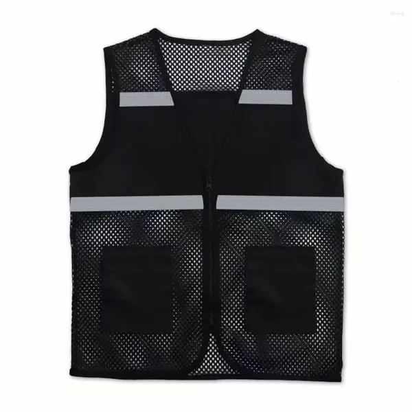 Jaquetas de caça spandex de colete de segurança preto com tiras refletivas com zíper de tecido respirável em malha