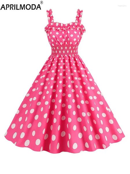 Sıradan Elbiseler Pembe Kawaii Cartoon Ladies Party Elbise Ekose Polka Dot Baskı Sundress Retro Vintage Pinup Rockabilly Bir çizgi parlaması