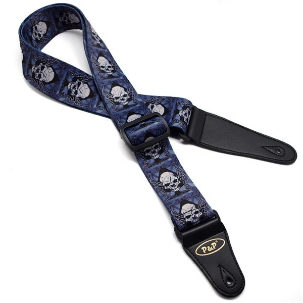 Cabide de alta qualidade de couro tira sênior de guitarra Terylene Polyester Impresso Skull Skull Blue Ghost Guitar Bass Belt Belt Belt Belt