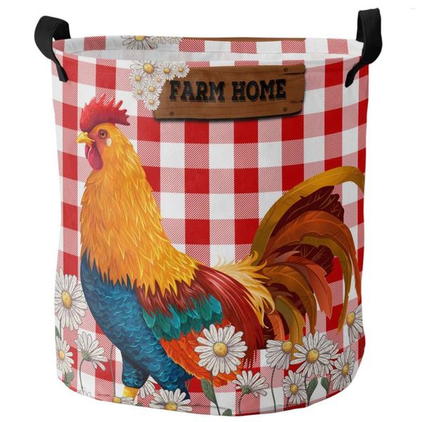 Borse per lavanderia Red Plaid Daisy Rooster Farm Basketto sporco Organizzatore domestico impermeabile abbigliamento per bambini