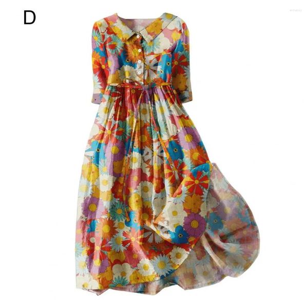 Abiti per feste Lady Dress Dress Bohemian Style Cartoon Flower Stampato Midi con colletto a girado in cintura allacciata per donne che frequentano le vacanze