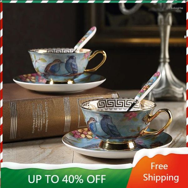 Cups Saucers Luxus europäischer Stil Bone China Kaffeetasse Kunst Keramik Blumen Cappuccino Tee Getränk High Copo English Set 50BD