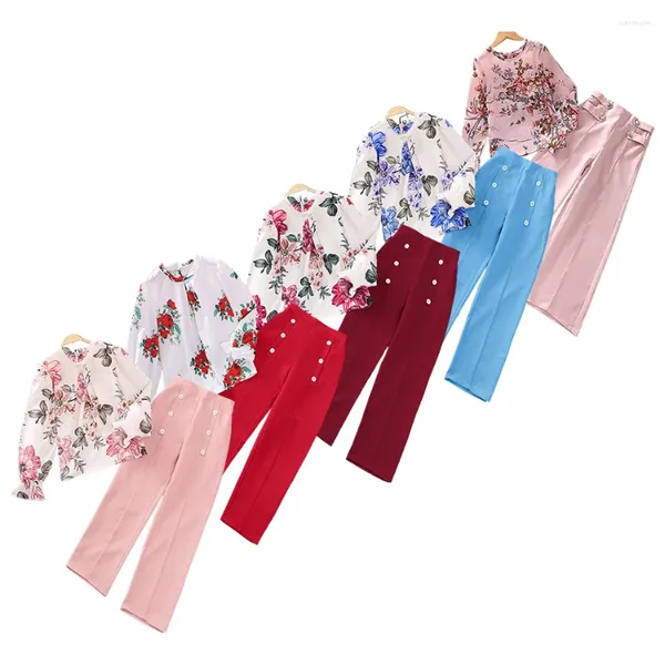 Passos de roupas Girl Spring e Autumn Suit Plant Floral Print Slave Longa Top Loose Troushers Fidros de 2 peças