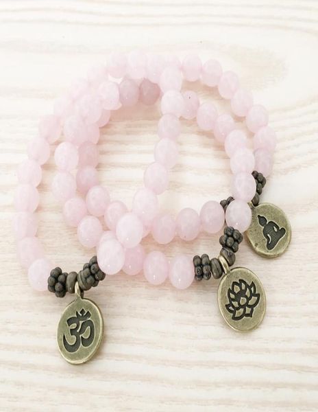 SN1107 Echtes Rosenquarz -Armband Antike Messing Om Buddha Lotus Charmalm Armband Geschenk für HER7263247