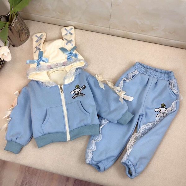 Frauen T-Shirt Herbst/Winter Mädchen Baby Plüsch Kapuze-Pullover Reißverschluss Mantel Set Hellblau