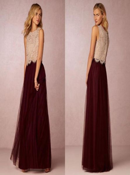 Vintage 2021 Due pezzi Abiti da damigella d'onore in pizzo Top Tulle Gonna Long Burgundy Prom Gowns junior per feste di nozze abiti personalizzati economici 8162290