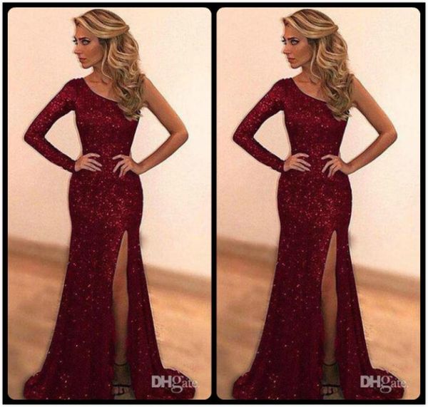 Sparkly Bling Sequined Burgundy Prommaid Promes 2020 Сделано на заказ на одно плечо длинное вечернее платье для вечеринки Сексуальная боковая щель DE3973533