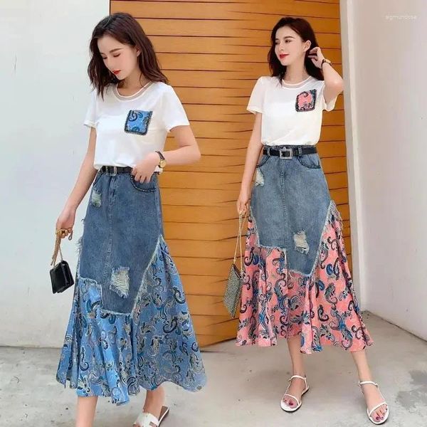 Röcke Sommer hohe Taille Lange Frau Vintage unregelmäßiges Patchwork Jeans Rock Frauen Streetwear A-Line Midi