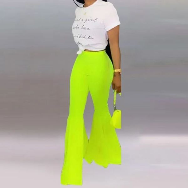 Calça bkld neon calça verde boho cintura alta calças calças calças mulheres elásticas elásticas de perna larga calça feminina de verão