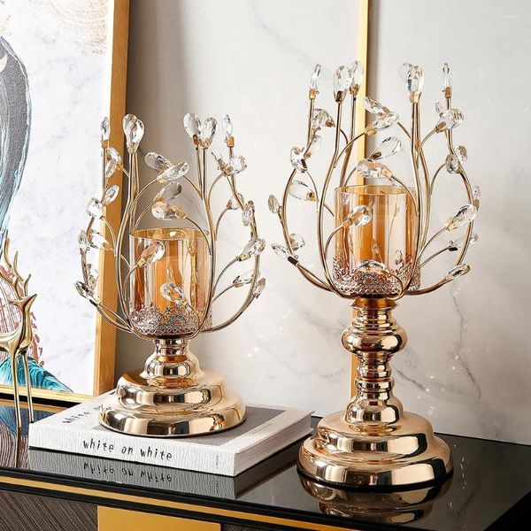 Titulares de vela Crystal Glass Pós-moderno Decoração de sala de metal Mesa de ouro Ornamentos de ouro Acessórios para decoração doméstica de luxo