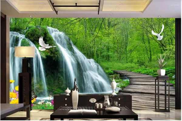 Papel de parede de parede PO de parede personalizado para paredes 3 D murais idílicos florestas cachoeira de madeira ponte de madeira 3d tv background wall decoração pintura