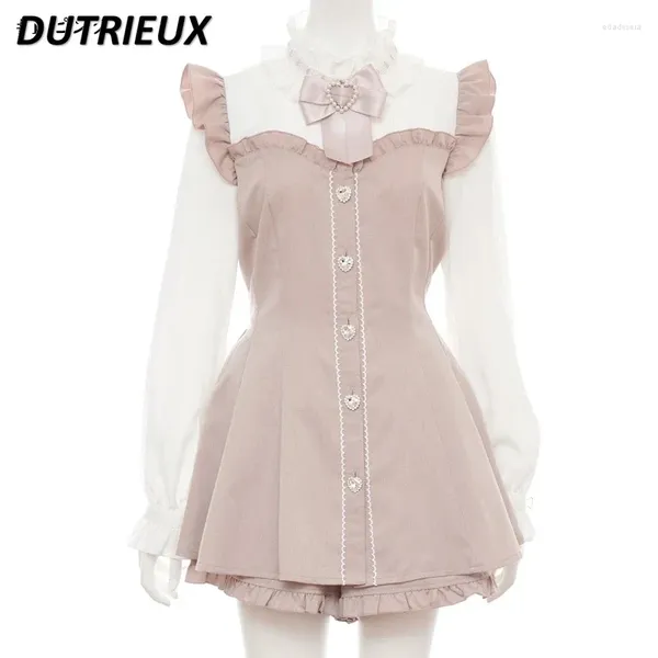 Vestidos de trabalho 2024 Autumn sc caça bowknot slimming glavedleled glaves japonês doce princesa de manga comprida na cintura alta vestido de camisa de duas peças