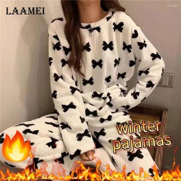 Kadın pijama 2024 Kadın Pijama Setleri Sonbahar Kış Sıcak Flanel Çilek Coral Uzun Kollu Kızlar Sıradan Polar Pocamas Homewear