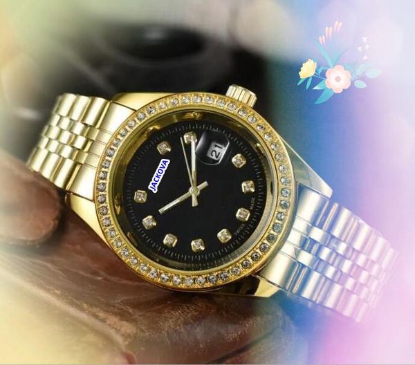 Alle Kriminalmodet -Männer, Frauen Unisex Uhren Auto Date Business Casual Clock Japan Quarz Bewegung Vollstahlstahl Diamonds Ring Dot Lady Präsident Wache