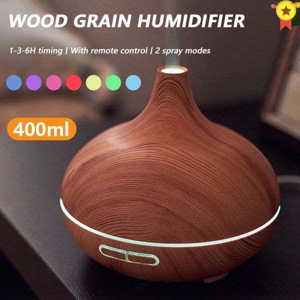 Umidificatori Diffusore per olio essenziale per diffusore per aroma da 400 ml con remoto controllo ad ultrasuoni a grana in legno umidificatore a 7 colori per casa