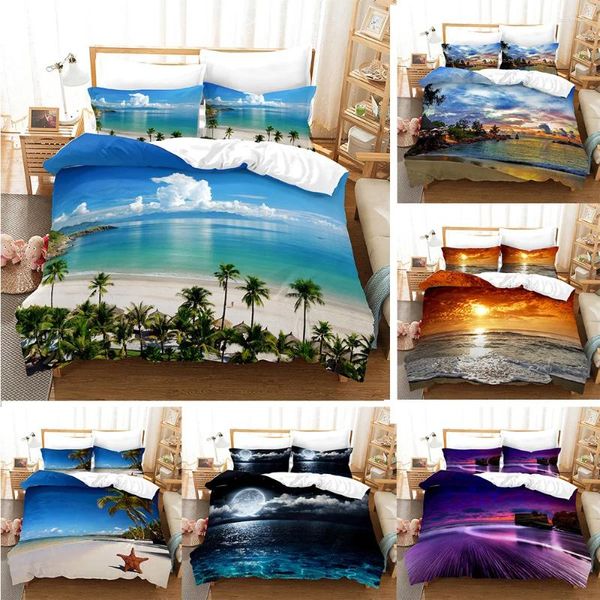 Set di biancheria da letto set di scenari da spiaggia 3d set king size copripiumini cuscino per casa tessili da letto di lussuoso letto blu per estate