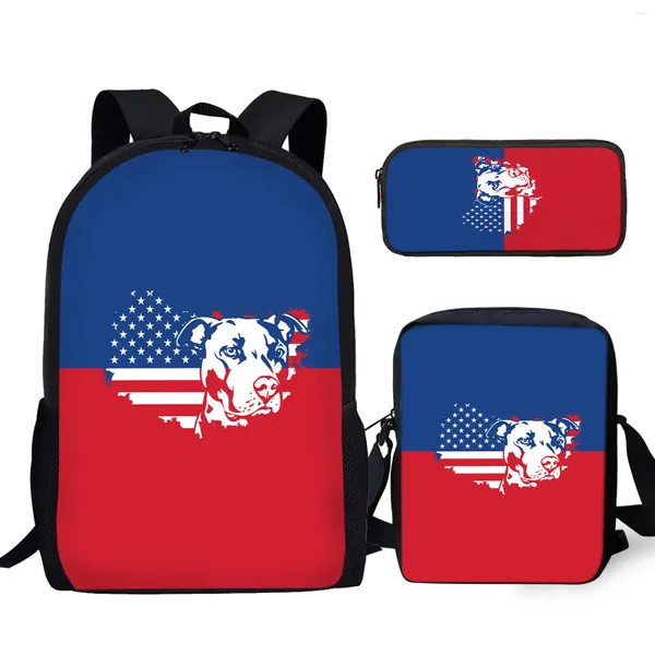 Backpack YiKeluo American Flag Pitbull Print Youth Laptop Bag Student Livro didático Mochila Durável Mensageiro de ombro Case
