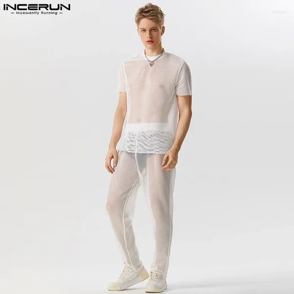 Erkeklerin izleri şık setler Incerun Erkekler Seksi Mesh O-Neck See-Through Kısa Kol Üstleri Pant Pant Pant Pant Sokak Giyim İnce Takım S-5XL