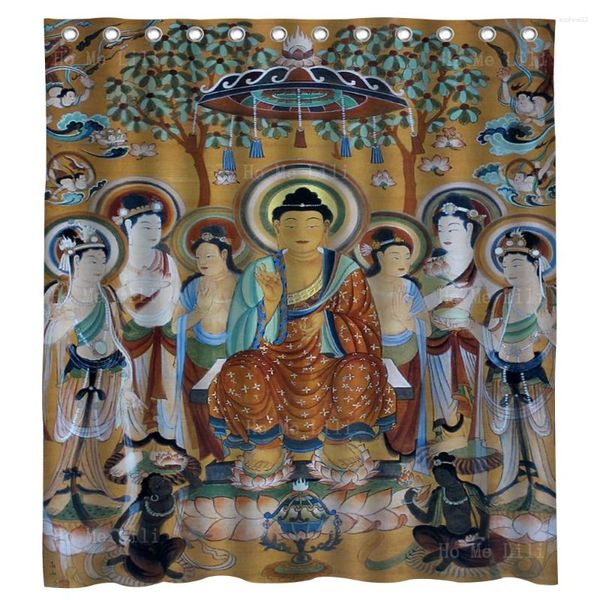 Duschvorhänge Dunhuang Wandmalerei Buddha umgeben von Bodhisattvas Mogao Höhlen Vorhang ho me lili für Badezimmerdekoration