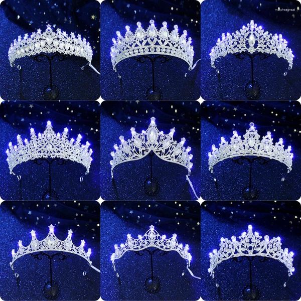 Клишки для волос Crystal Tiaras для женщин синий светодиодный свет Свадебная корона аксессуаров