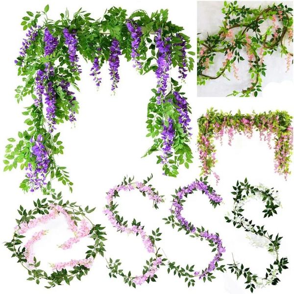 Dekorative Blumen 1,8 m Wisteria künstliche Blumen Weinkranz Hochzeitsbogen Dekoration gefälschte Pflanzenblatt Rattan Wand hängen