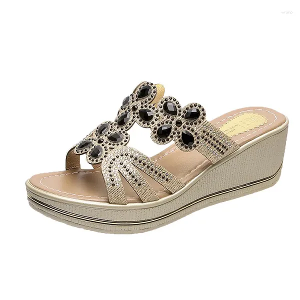 Slippers 2024 Casual Diamond Demorted Open Toe Toe Wefled Wedge Women's Sandals Летняя мода Элегантная