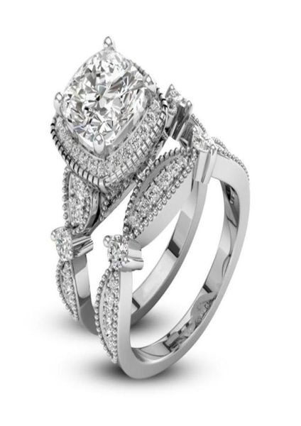 2 adet göz kamaştırıcı benzersiz aşk tasarımı 925 STERLING Gümüş Beyaz Safir Elmas Düğün Nişan Yüzük Seti Boyut 6105938228135635