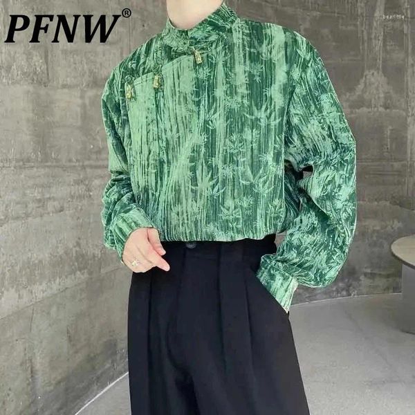 Camisas casuais masculinas Pfnw Fashion Velvet Pleated Collar Printing Tops Niche Design Loose Koorean Style Trend 9C2910