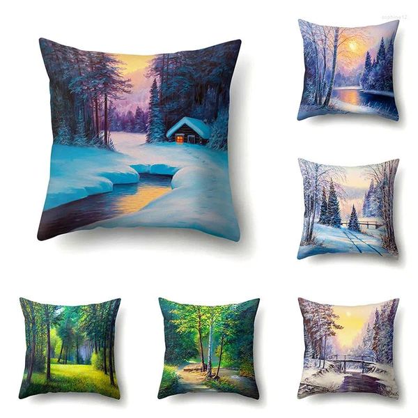 Kissen vier Jahreszeiten Landschaft Kissenbezug Waldbäume See Schnee Natur Schlafsofa Schlafzimmer Heimdekoration