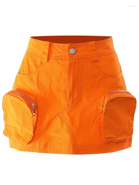 Skirts Orange Female Giovane cargo multi-palla per donne 2024 Autunno estate Mini gonna a vita alta a vita A-line Jupe Jupe