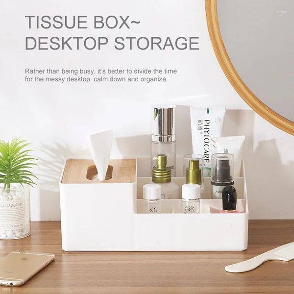 Aufbewahrungsboxen Bambus Deckel Kosmetischer Box Desktop Organizer für Kosmetik -Make -up -Tissue -Schmuck Plastikpinselhalter