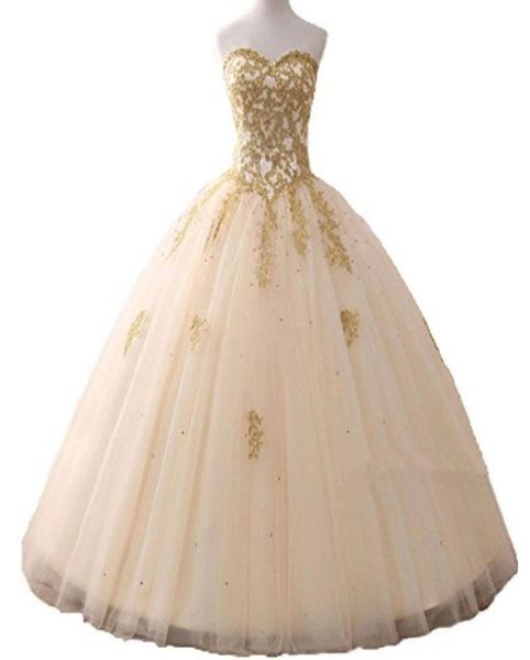 2021 Stock Gold Applikes Ballkleid Quinceanera Kleid Sparkle Kristall Tüll Floorloch Sweet 16 Debütante Prom Party QC11226884981