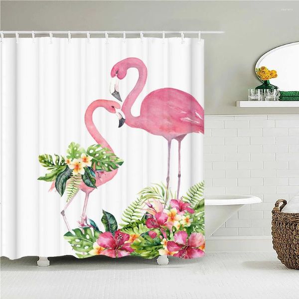 Занавески для душа 3D Flamingo Print Set Set с крючками северный стиль розовые птицы цветочные листья водонепроницаемые ткань домой в ванная комната