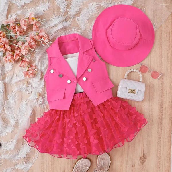 Kleidung Sets Sommer süße Mädchen Pailletten Prinzessin Rock Revers Twistknopf Anzug Süßigkeiten Schmetterlingsnetzkleid Hut Kinder Kleidung 4pcs Outfits