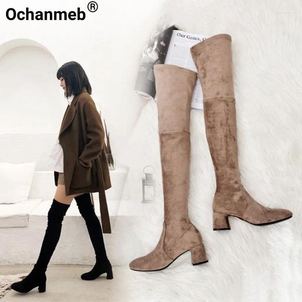 Сапоги Ochanmeb Женщины подлинная кожаная кожа без колена Осенние блоки каблуки с скользи