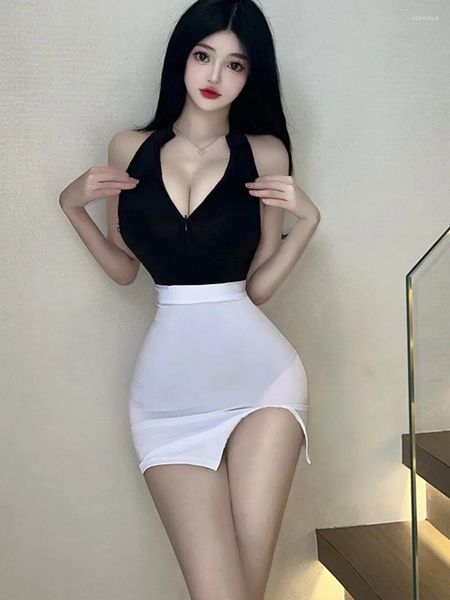 Lässige Kleider sexy koreanische Frauen mini Kleid gegen Nacken Mode 2024 Sekretärin Uniform Robe Flirten elegant Z5SC