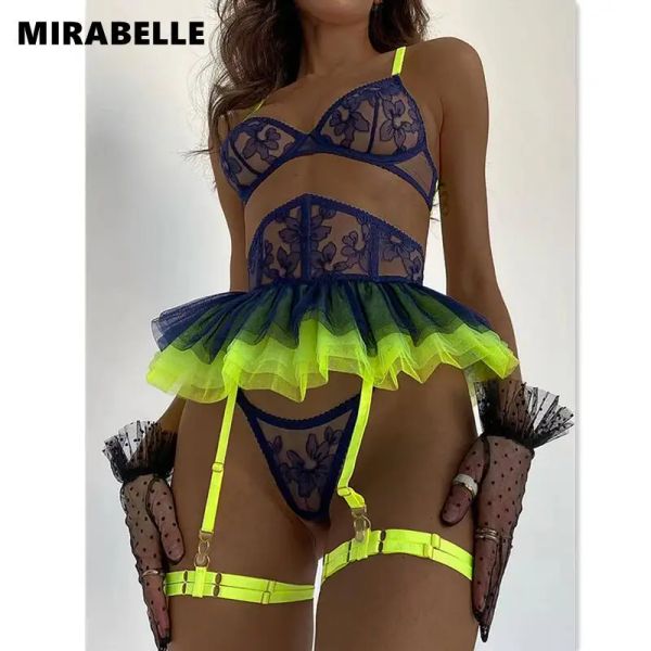 Bras Mirabelle Néon Lingerie para mulheres Sexy Bra Fancy Underwear com meias delicadas ligas íntimas 5 peças roupas