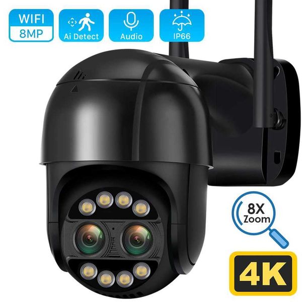 IP -камеры 8MP 4K 2,8 мм +12 мм двойной линзы 8x гибридный Zoom Ptz IP -камера Wi -Fi Detection 4MP Audio P2P Security Video Surveillance Camera 24413