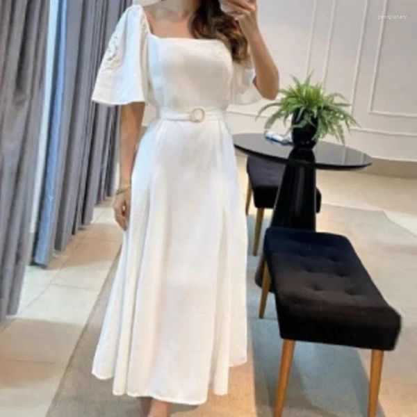 Vestidos casuais Party Blue Long Women Night Night Night Belt Petal Sleeve Maxi Dress STREETWATH ELEGENTE ELEGENTE SEXY VESTIDOS