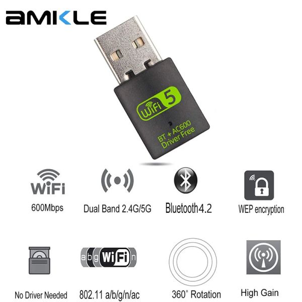 Cards Amkle Wireless USB Wi -Fi Bluetooth Adapter 600 Мбит/с двойной полосы 2,4/5 ГГц беспроводной внешний приемник Wi -Fi Dongle для рабочего стола для ноутбука