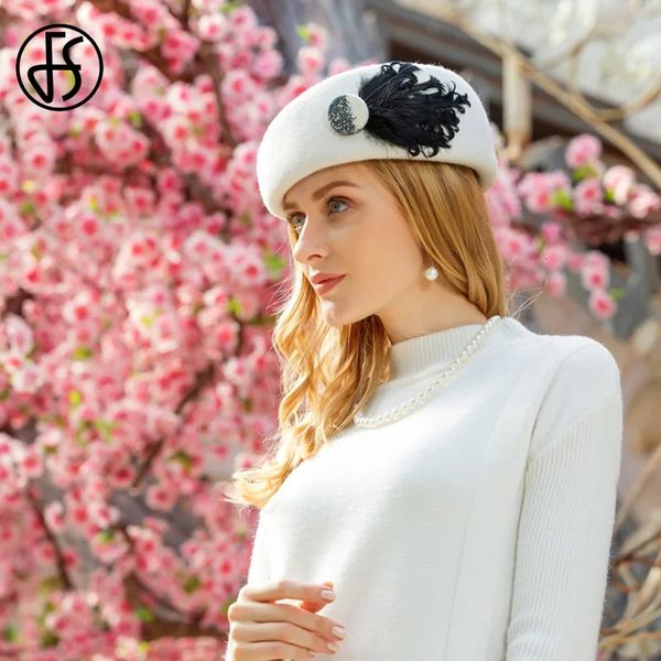 FS French Wool White Beret Beret Capelli per donne Fashion inverno Cappelli Berretti di piume Fema Hwidess Church Hat Fedoras 240412