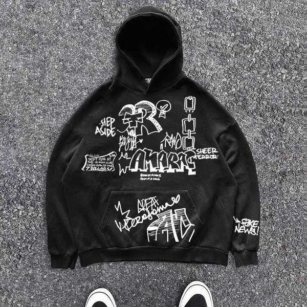 Mens Hoodies Amerikan Retro Yeni Mektup Baskılı Kazak Hoodies Erkekler ve Kadınlar için Y2K Street Punk Rüzgar Zinciri Ekleme Eski Yıkalı Çiftler Yapma 240412