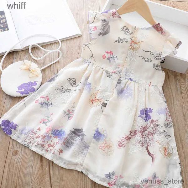 Abiti da ragazza Abiti per ragazze Abiti a maniche corte Boutique di cotone principessa Abito carino vestito cinese cheongsam abito principessa abito per ragazze estive abiti per bambini + borsa c240413