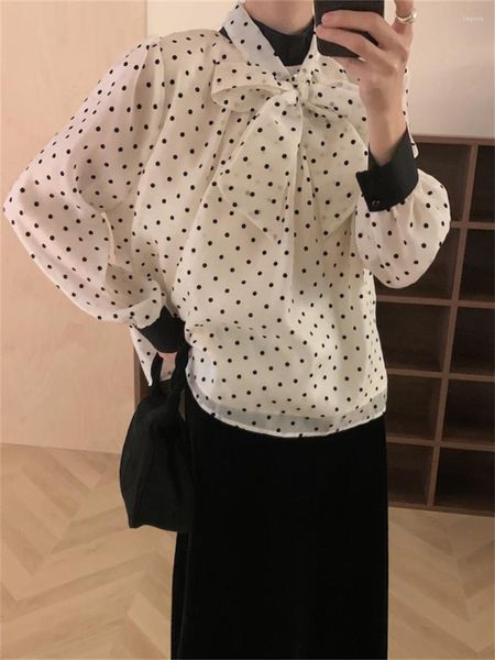 Blouses femininas Kitty Alien Kitty 2024 Camisas da primavera Mulheres Chiques Chiques Dots elegantes diários de manga cheia Lady Lady Casual vintage Blusas