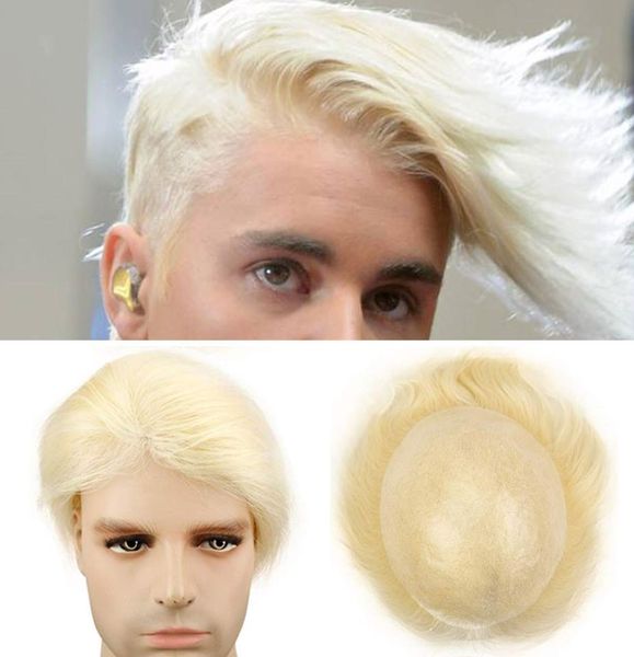 MEN039S Toupee Blonde Color 613 Прямой Remy Human Hairs Wigs цельная кожа Pu