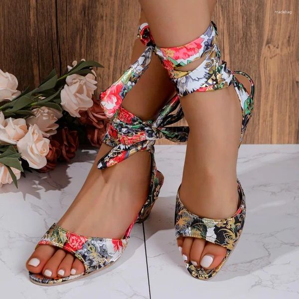 Kleiderschuhe Roman Casual Sandals Frauen gedruckt Schnürung 2024 Sommer Open Toe Beach Slingback Zapatillas Femme