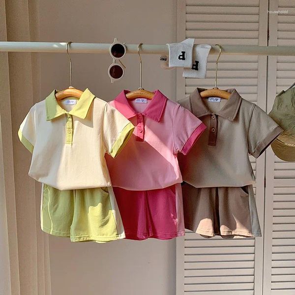 Kleidungssets Sommer 2024 Kinder purer Baumwollkleidung koreanische Babykontrast Farbe Kleidung Mädchen und Jungen Polo -Hemd Kurzärmel Shorts